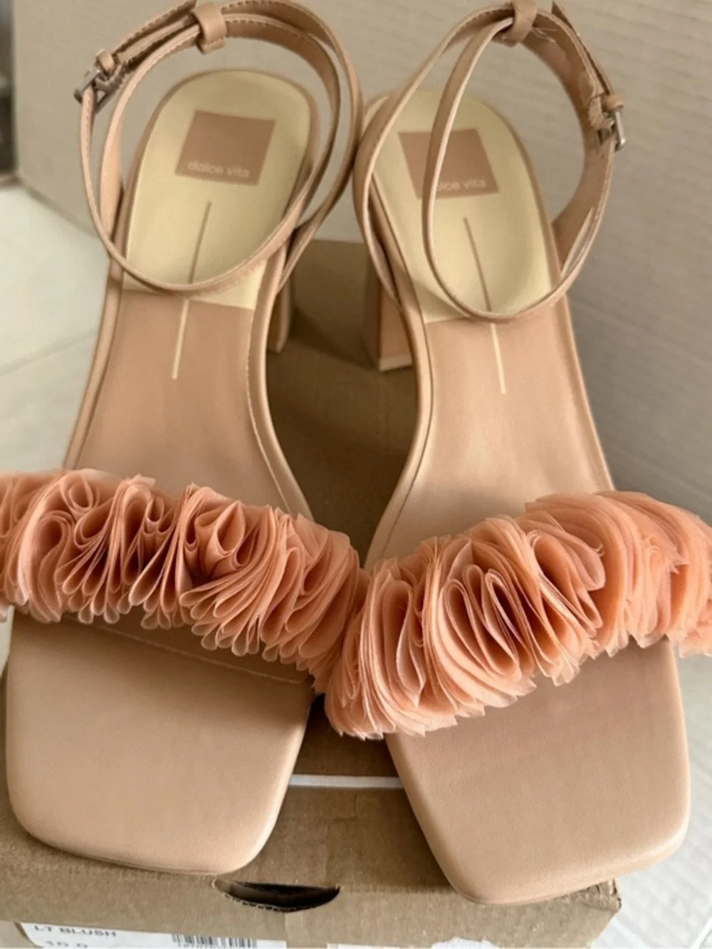 Dolce Vita Blush-Peach Floral Ruffle Block Heels